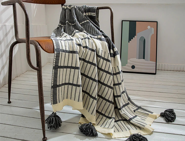 Sofa Knit Throw Blanket Tassles Cotton Grey Ivory Geometric - Brasss Living