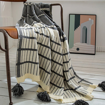 Sofa Knit Throw Blanket Tassles Cotton Grey Ivory Geometric - Brasss Living