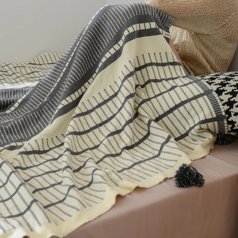 Sofa Knit Throw Blanket Tassles Cotton Grey Ivory Geometric - Brasss Living