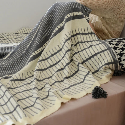 Sofa Knit Throw Blanket Tassles Cotton Grey Ivory Geometric - Brasss Living