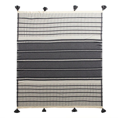 Sofa Knit Throw Blanket Tassles Cotton Grey Ivory Geometric - Brasss Living