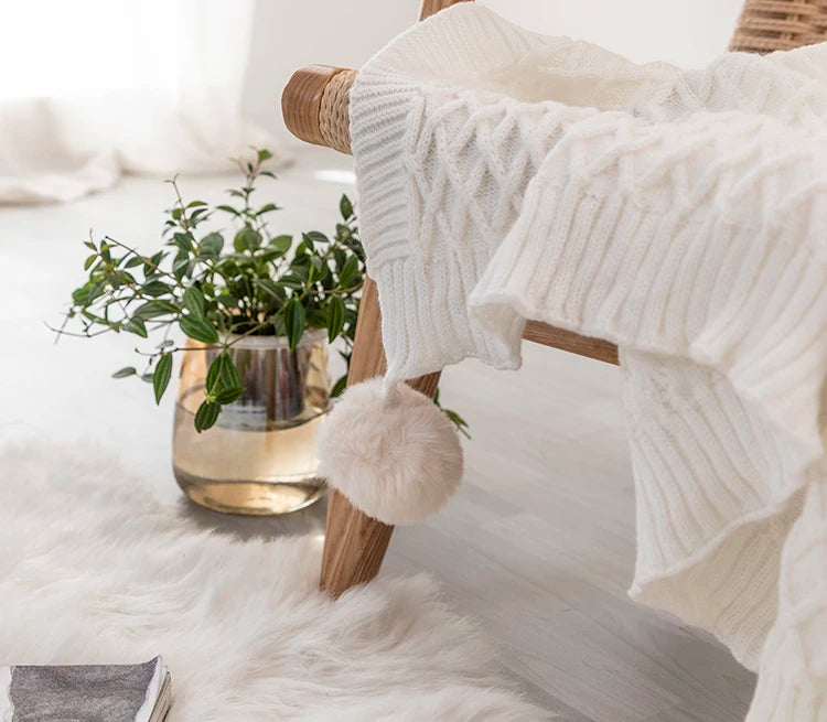 Soft Cream White Diamond Knit Throw with PomPom Tassels Blanket - Brasss Living