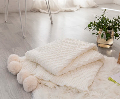 Soft Cream White Diamond Knit Throw with PomPom Tassels Blanket - Brasss Living