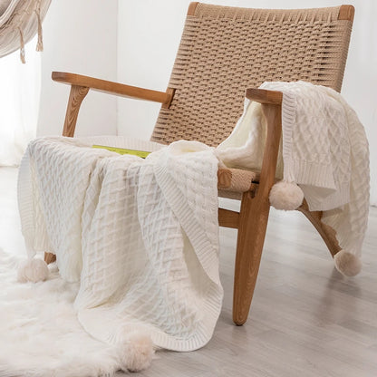 Soft Cream White Diamond Knit Throw with PomPom Tassels Blanket - Brasss Living