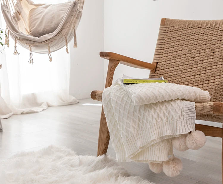 Soft Cream White Diamond Knit Throw with PomPom Tassels Blanket - Brasss Living