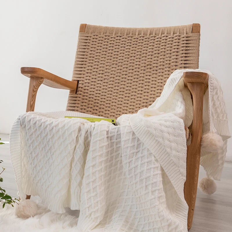 Soft Cream White Diamond Knit Throw with PomPom Tassels Blanket - Brasss Living