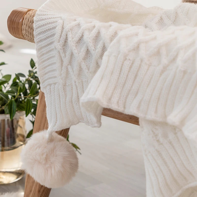 Soft Cream White Diamond Knit Throw with PomPom Tassels Blanket - Brasss Living