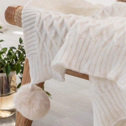 Soft Cream White Diamond Knit Throw with PomPom Tassels Blanket - Brasss Living