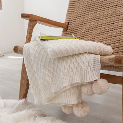 Soft Cream White Diamond Knit Throw with PomPom Tassels Blanket - Brasss Living