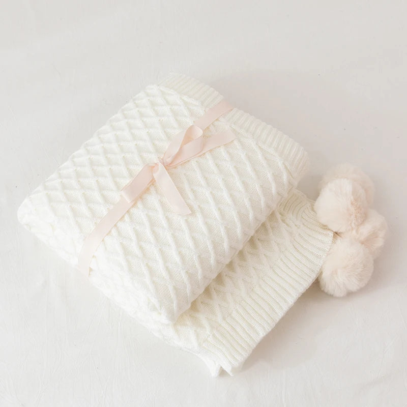 Soft Cream White Diamond Knit Throw with PomPom Tassels Blanket - Brasss Living