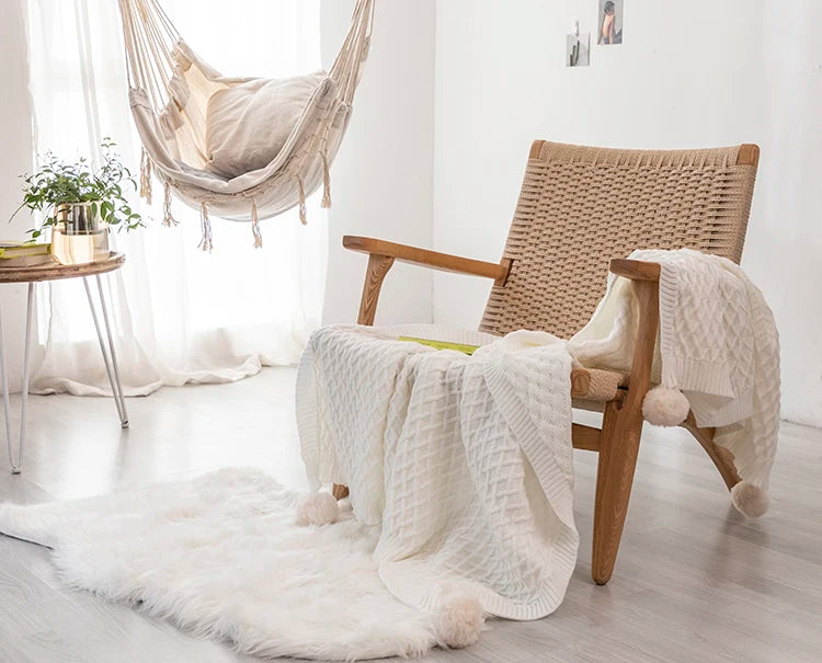 Soft Cream White Diamond Knit Throw with PomPom Tassels Blanket - Brasss Living