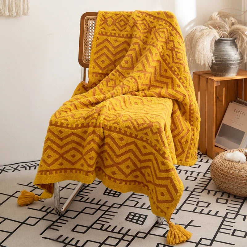 Soft Mustard Yellow Grey Ivory Tribal Pattern Throw Blanket - Brasss Living