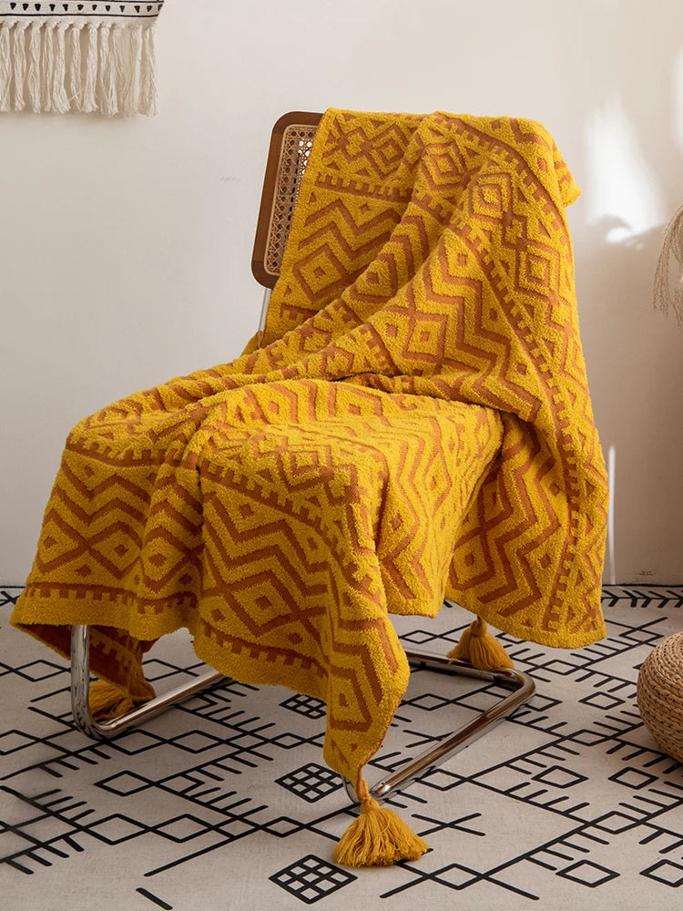 Soft Mustard Yellow Grey Ivory Tribal Pattern Throw Blanket - Brasss Living