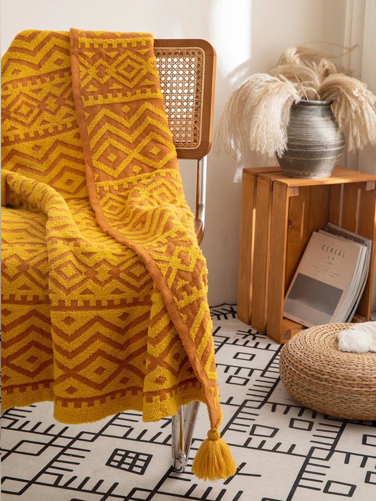 Soft Mustard Yellow Grey Ivory Tribal Pattern Throw Blanket - Brasss Living