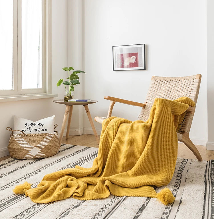 Solid Soft Yellow Knit Throw with PomPom Tassels Blanket - Brasss Living