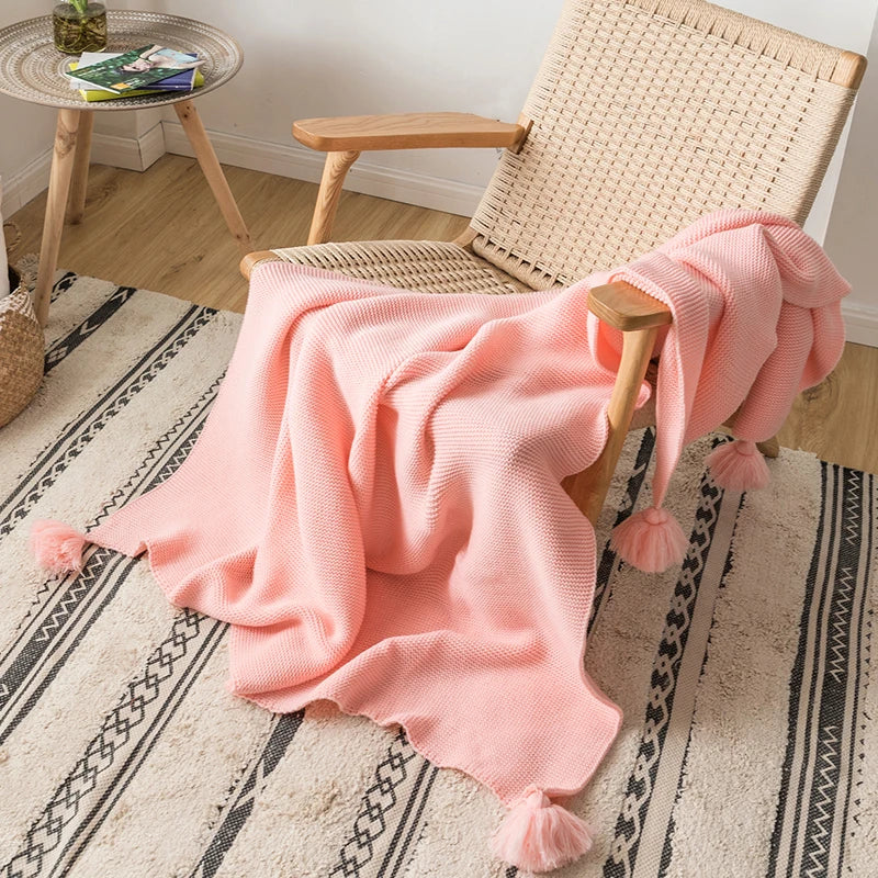 Solid Soft Yellow Knit Throw with PomPom Tassels Blanket - Brasss Living