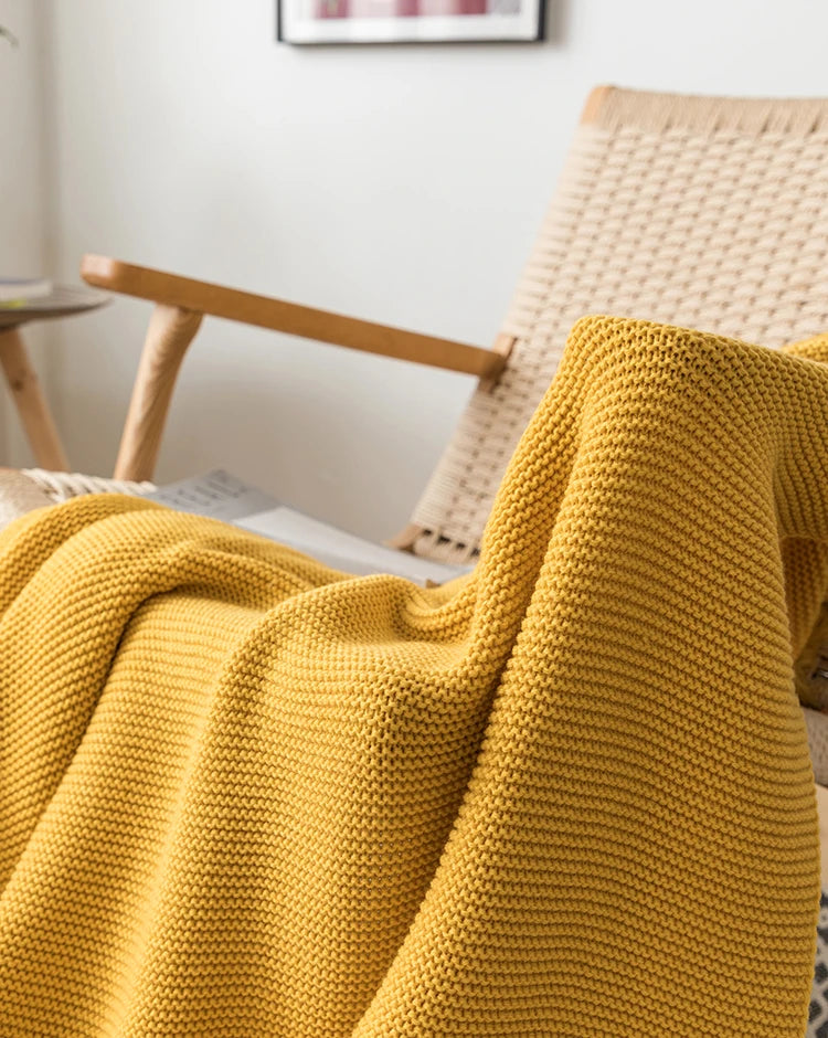 Solid Soft Yellow Knit Throw with PomPom Tassels Blanket - Brasss Living