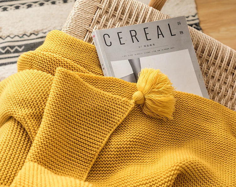 Solid Soft Yellow Knit Throw with PomPom Tassels Blanket - Brasss Living