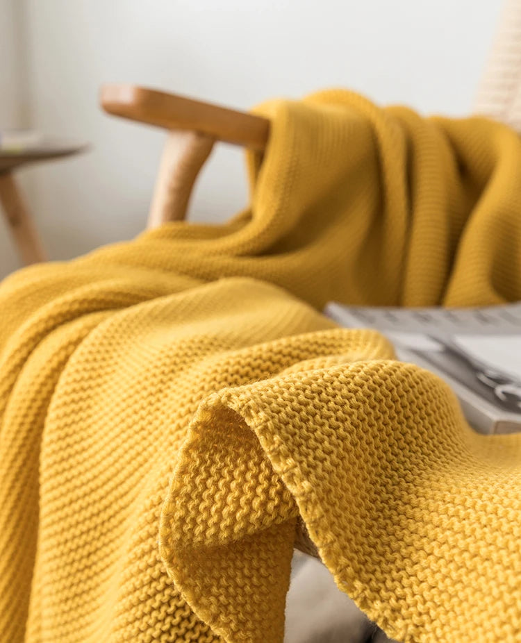 Solid Soft Yellow Knit Throw with PomPom Tassels Blanket - Brasss Living