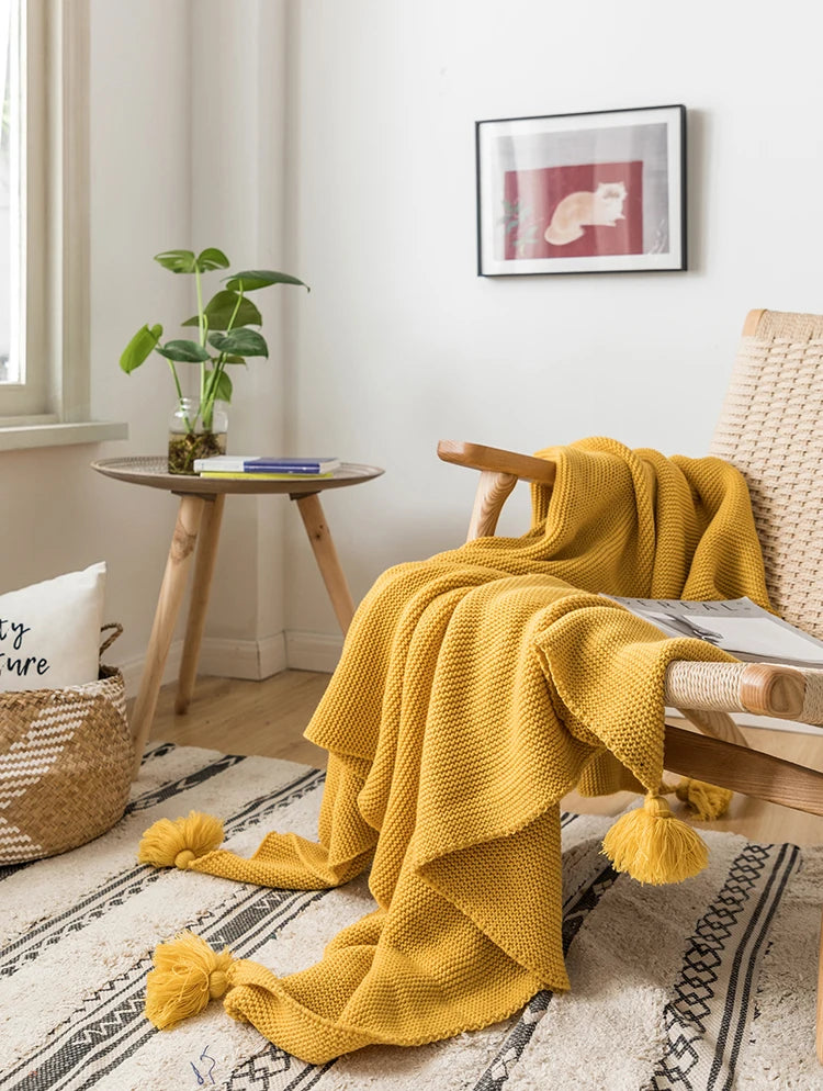 Solid Soft Yellow Knit Throw with PomPom Tassels Blanket - Brasss Living