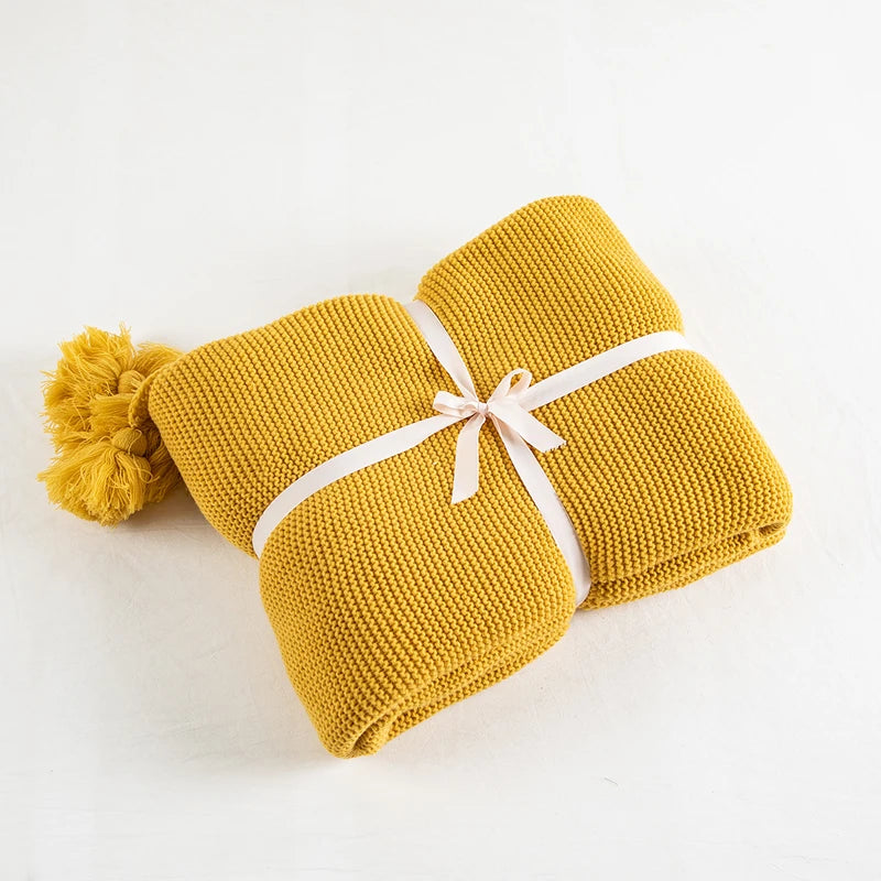 Solid Soft Yellow Knit Throw with PomPom Tassels Blanket - Brasss Living