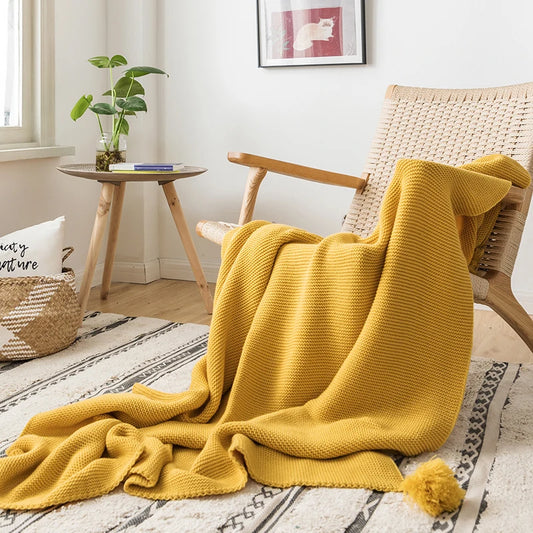 Solid Soft Yellow Knit Throw with PomPom Tassels Blanket - Brasss Living