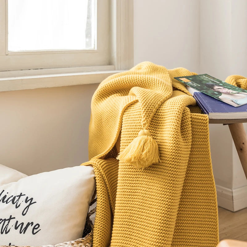 Solid Soft Yellow Knit Throw with PomPom Tassels Blanket - Brasss Living