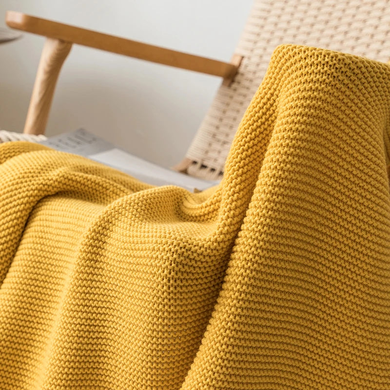 Solid Soft Yellow Knit Throw with PomPom Tassels Blanket - Brasss Living