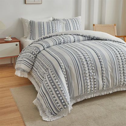 Striped Furball Duvet Cover Set High-end Tassels Bedding - Brasss Living