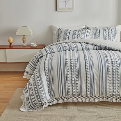 Striped Furball Duvet Cover Set High-end Tassels Bedding - Brasss Living