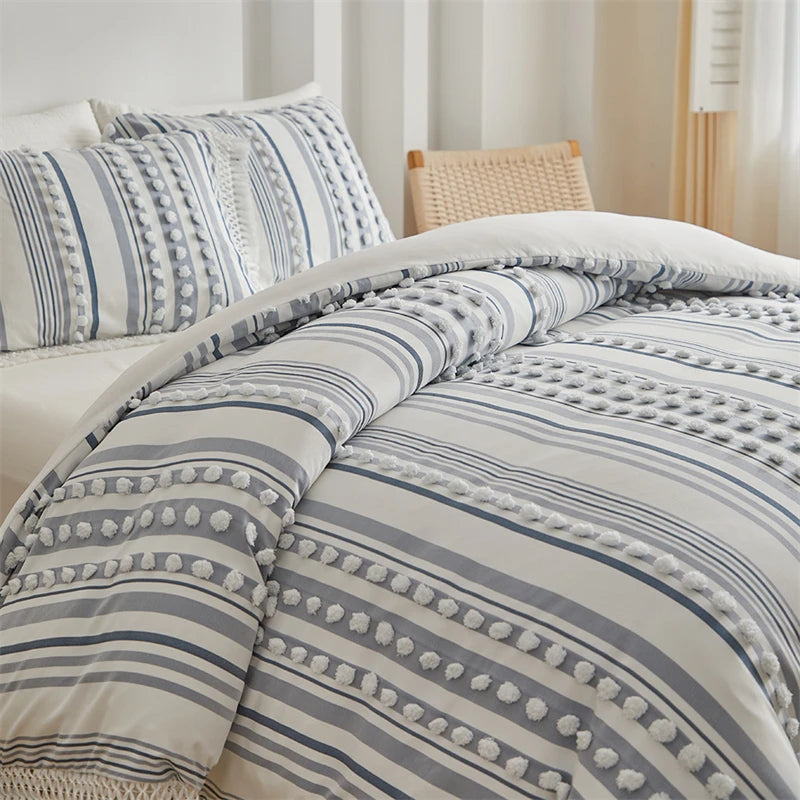 Striped Furball Duvet Cover Set High-end Tassels Bedding - Brasss Living