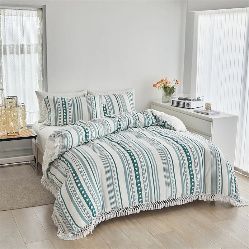 Striped Furball Duvet Cover Set High-end Tassels Bedding - Brasss Living