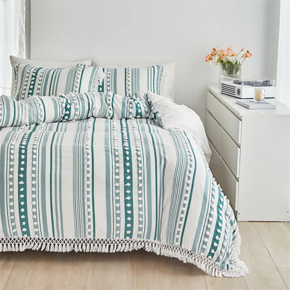 Striped Furball Duvet Cover Set High-end Tassels Bedding - Brasss Living