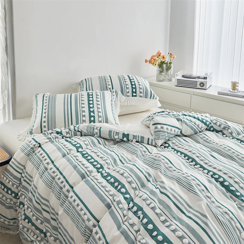 Striped Furball Duvet Cover Set High-end Tassels Bedding - Brasss Living