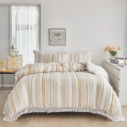 Striped Furball Duvet Cover Set High-end Tassels Bedding - Brasss Living