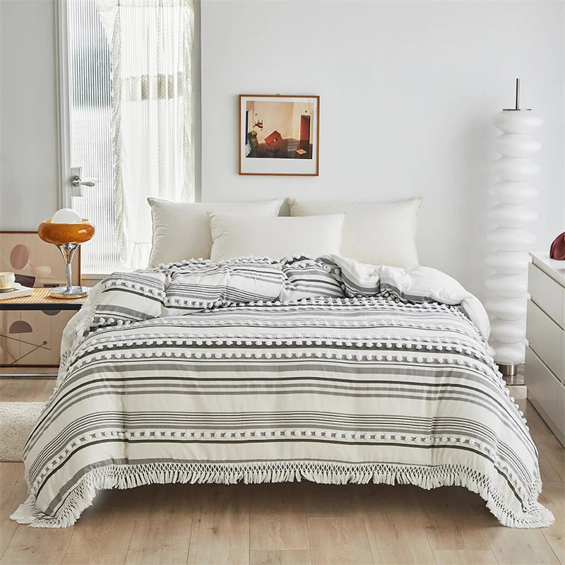 Striped Furball Duvet Cover Set High-end Tassels Bedding - Brasss Living