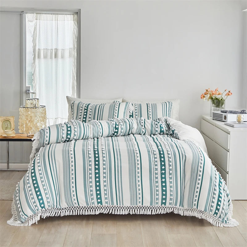 Striped Furball Duvet Cover Set High-end Tassels Bedding - Brasss Living