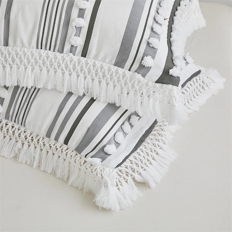 Striped Furball Duvet Cover Set High-end Tassels Bedding - Brasss Living