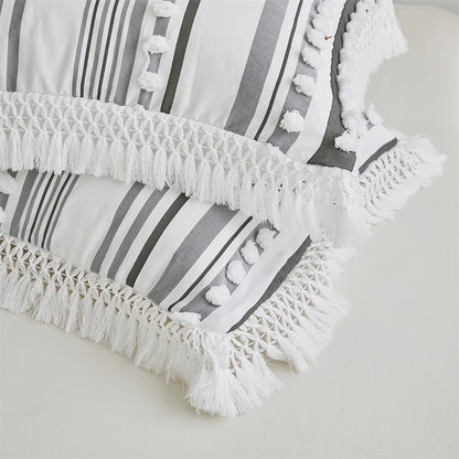 Striped Furball Duvet Cover Set High-end Tassels Bedding - Brasss Living