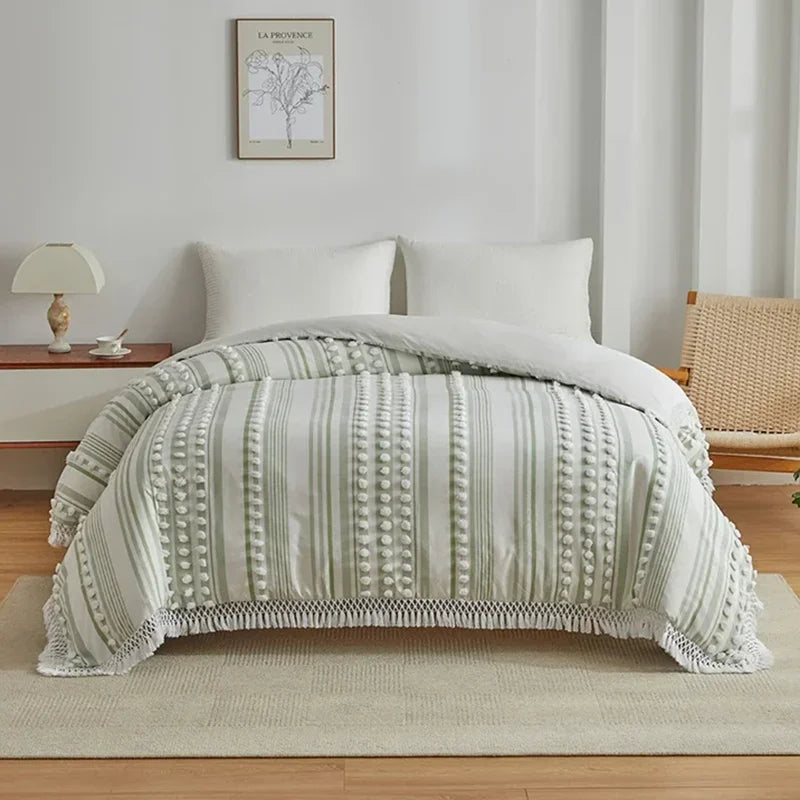 Striped Furball Duvet Cover Set High-end Tassels Bedding - Brasss Living