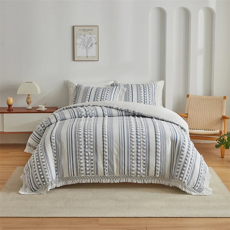 Striped Furball Duvet Cover Set High-end Tassels Bedding - Brasss Living