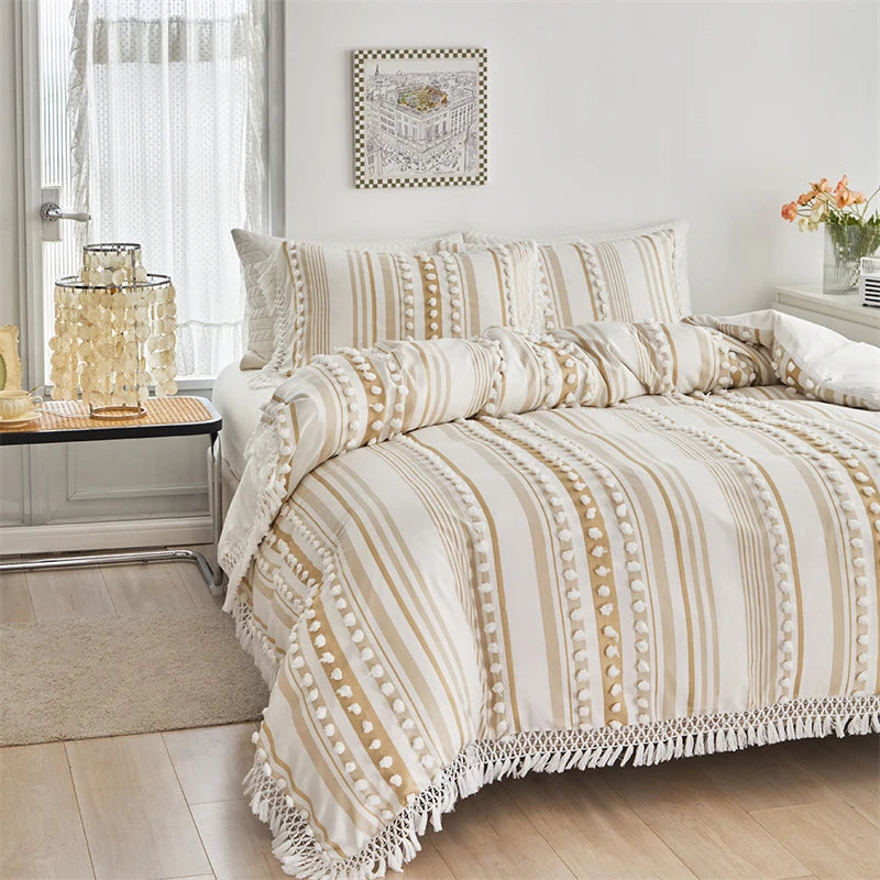 Striped Furball Duvet Cover Set High-end Tassels Bedding - Brasss Living