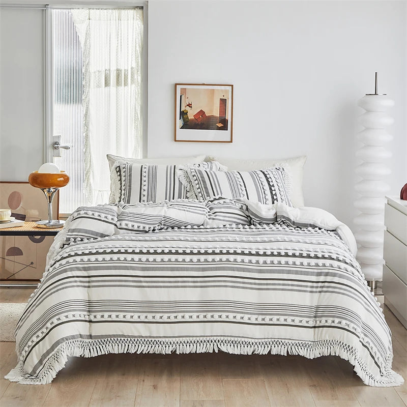 Striped Furball Duvet Cover Set High-end Tassels Bedding - Brasss Living