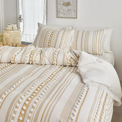 Striped Furball Duvet Cover Set High-end Tassels Bedding - Brasss Living