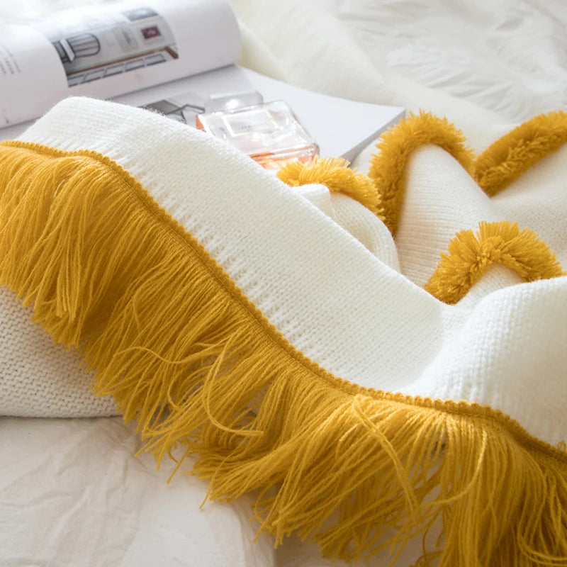 Tassles Blanket Sofa Knit Throw Mustard Pink Soft Fringed - Brasss Living