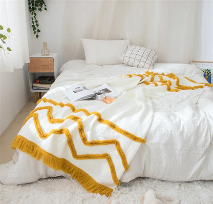 Tassles Blanket Sofa Knit Throw Mustard Pink Soft Fringed - Brasss Living