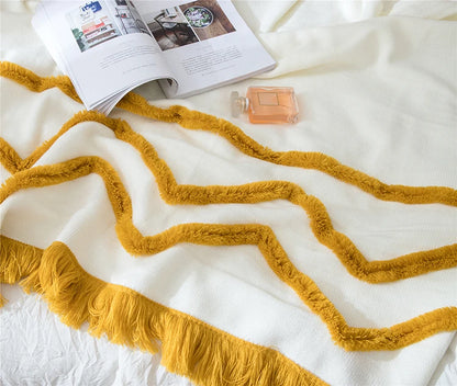 Tassles Blanket Sofa Knit Throw Mustard Pink Soft Fringed - Brasss Living