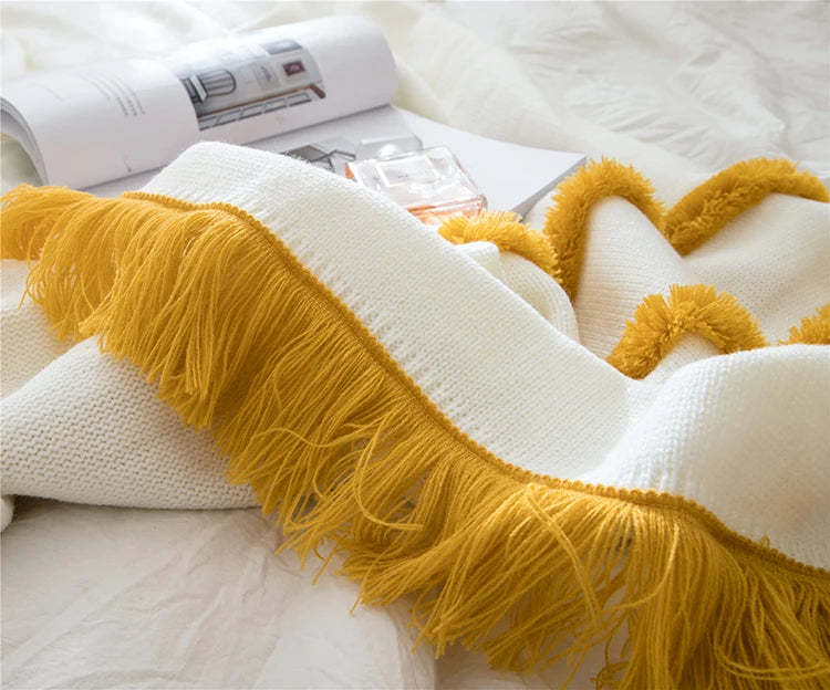 Tassles Blanket Sofa Knit Throw Mustard Pink Soft Fringed - Brasss Living