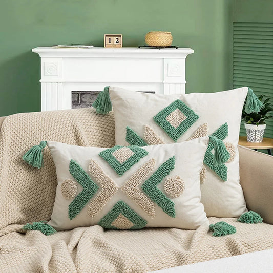 Tufted Geometric Green Brown Ivory Boho Pillow Cushion Cover - Brasss Living