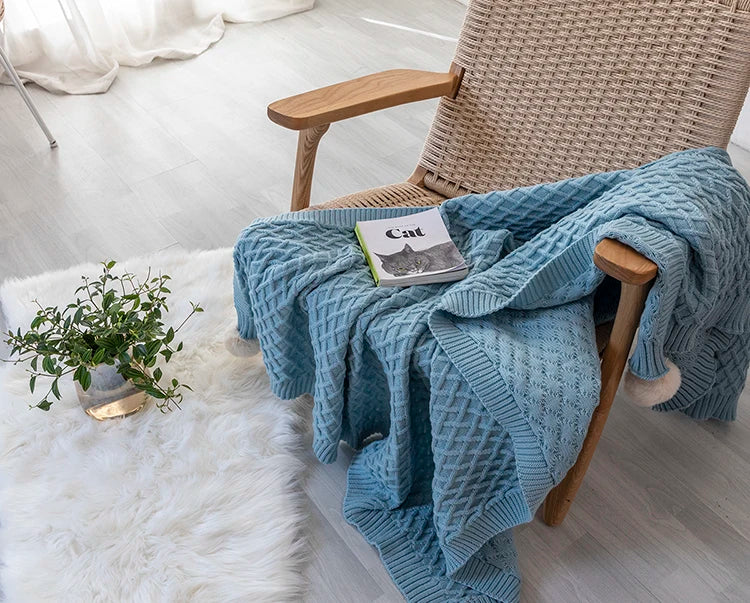 Turquoise Diamond Knit Throw with PomPom Tassels Blanket - Brasss Living